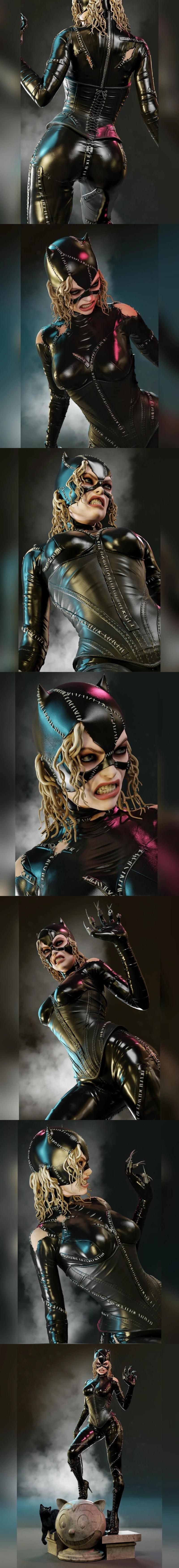 MCM3D Catwoman figure from Batman Returns in a black leather suit, snarling, with claws extended and whip in hand.