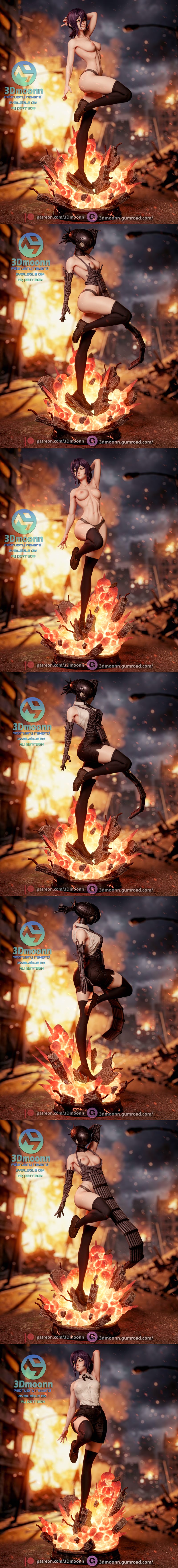 3Dmoonn 3D model of Reze from Chainsaw Man, posed dynamically on a fiery explosion base. She wears a white shirt and...