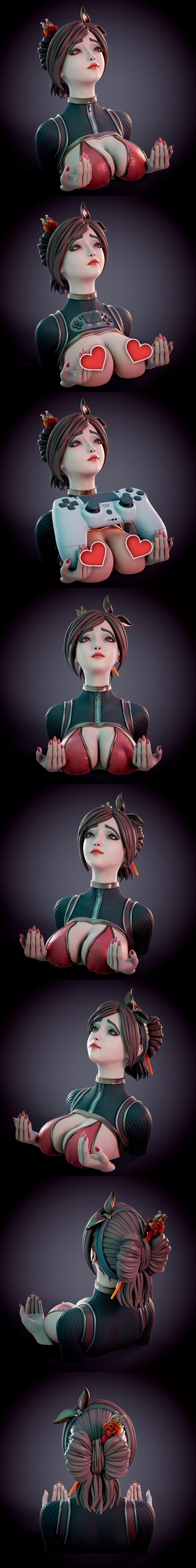 Bust of an anime-style female character with red bikini top and gold choker, holding a white game controller. Chagari...