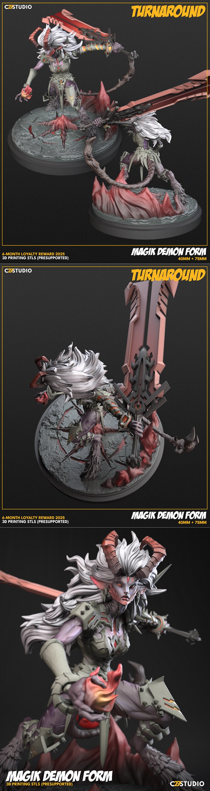 3D model of a female demon with white hair, red horns, and purple skin, wearing ornate armor and wielding a fiery swo...