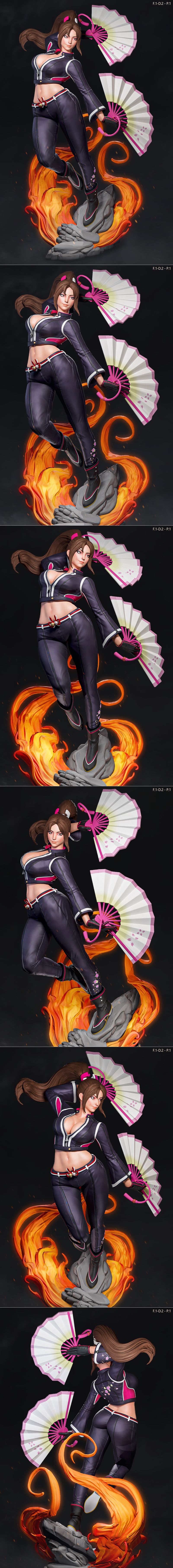 Mai Shiranui 3D model, wearing a dark purple cropped jacket and pants, holding pink and white fans. Luis3DArt studio.