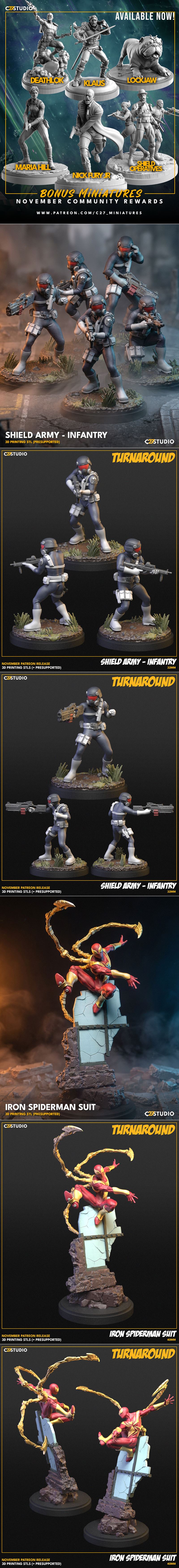 Collage of 3D printable comic book characters including She-Hulk, Iron Man, Groot, Cyclops, and others, with text &qu...