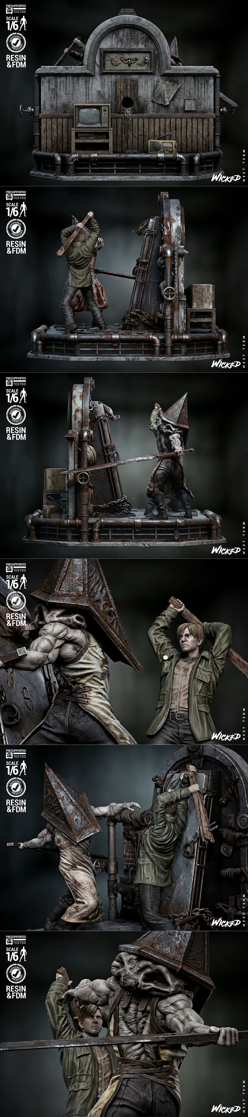 1/6 scale diorama of Pyramid Head fighting James Sunderland from Silent Hill 2, with industrial background. Wicked st...