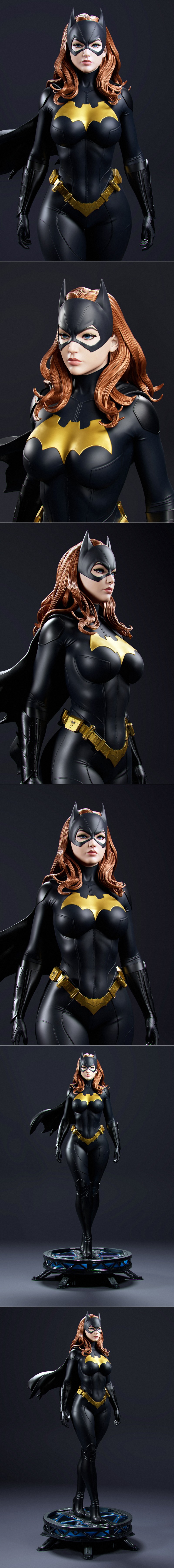Batgirl in black and gold suit with cowl and cape, standing heroically. Detailed 3D model by Abe3D.