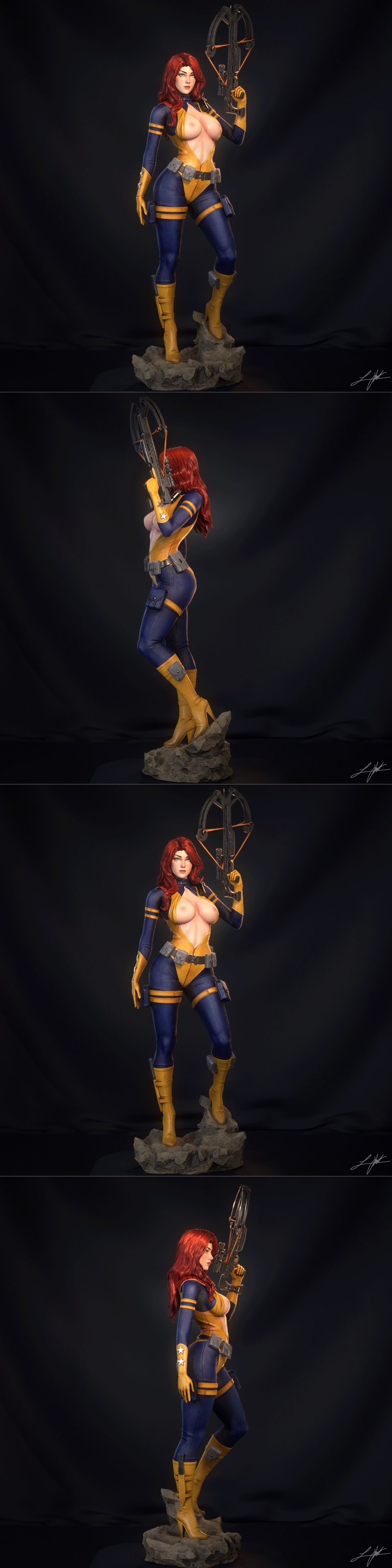 3D model of Scarlett from X-Men, wearing a yellow and blue bodysuit and holding a crossbow, with red hair and green e...