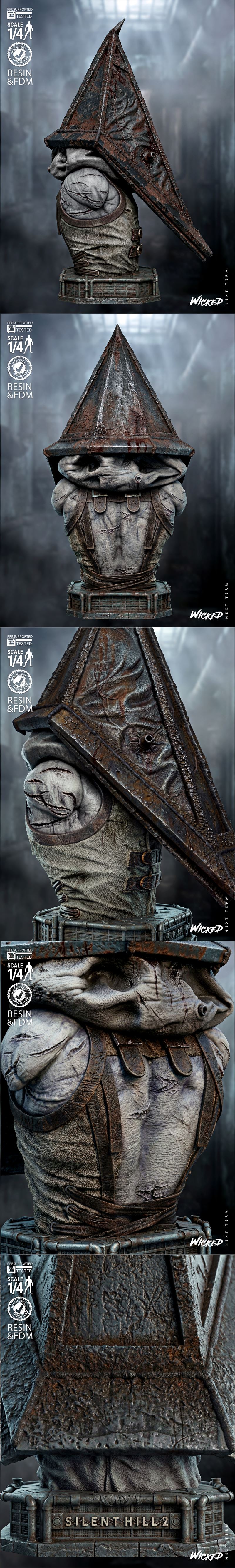 Wicked 1:4 scale Pyramid Head bust from Silent Hill 2, featuring a rusted metal helmet with bloodstains and a detaile...