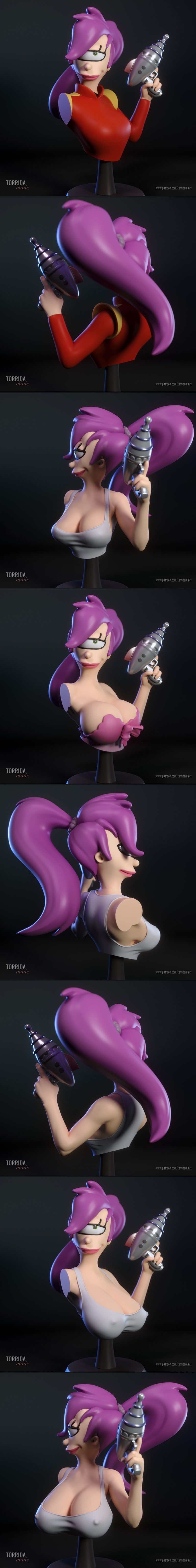 Torrida Minis 3D printable bust of Leela from Futurama, holding a ray gun, wearing a white tank top, with purple hair...