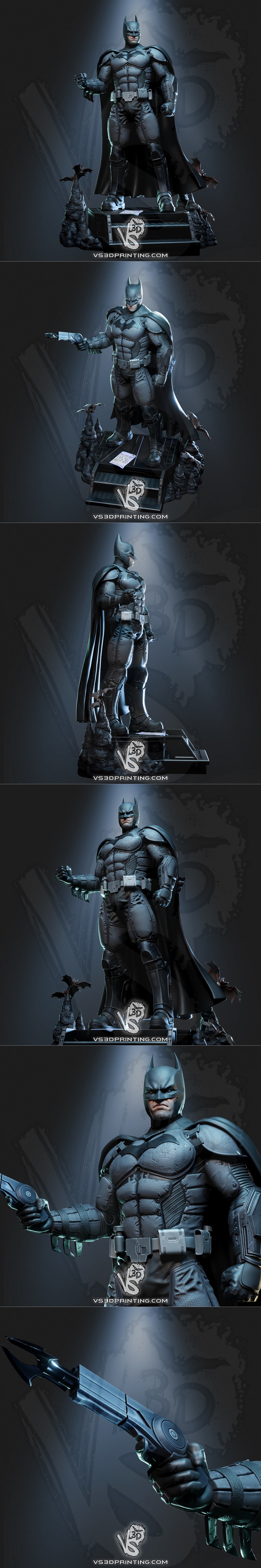 VS3D Batman Arkham Origins 3D model figure, standing heroically on a diorama base with bats and rocky terrain. Detail...