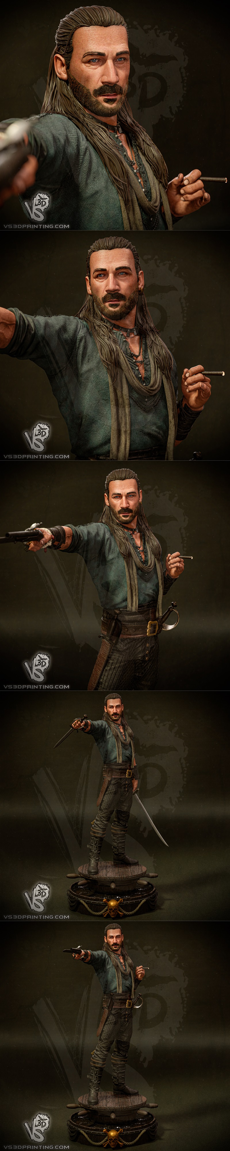 VS3D 3D model of Charles Vane from Black Sails, holding a pistol and cigar, wearing pirate attire with a skull flag i...