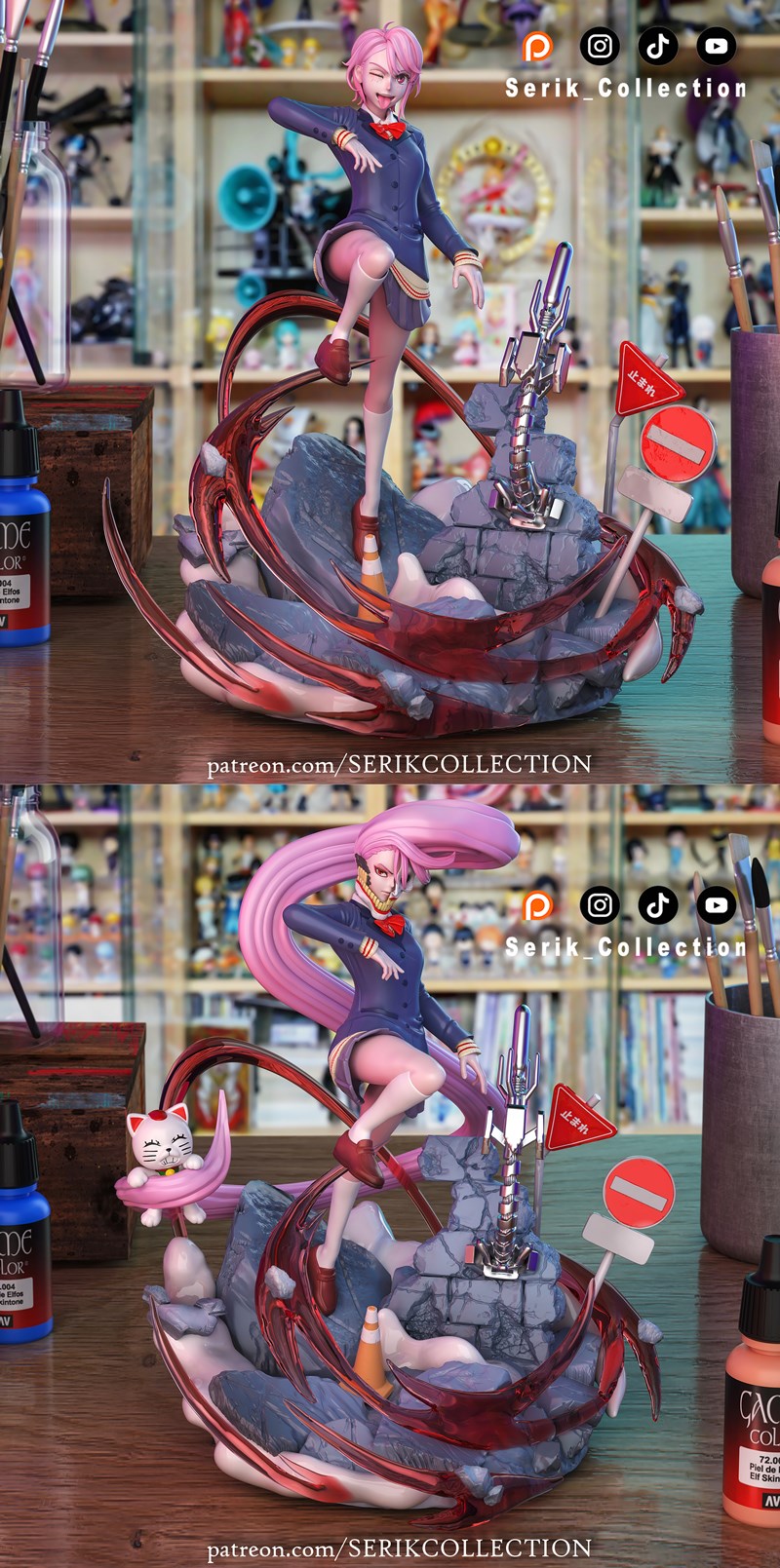 Aira Shiratori 3D model from Chainsaw Man, dynamic pose with pink hair, school uniform, energy effects, cat familiar,...