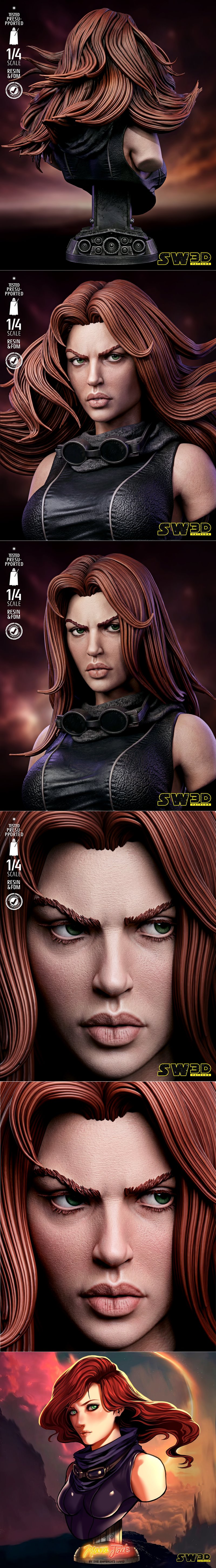 SW3D 1:4 scale bust of Mara Jade from Star Wars, featuring flowing auburn hair, intense green eyes, a black leather t...
