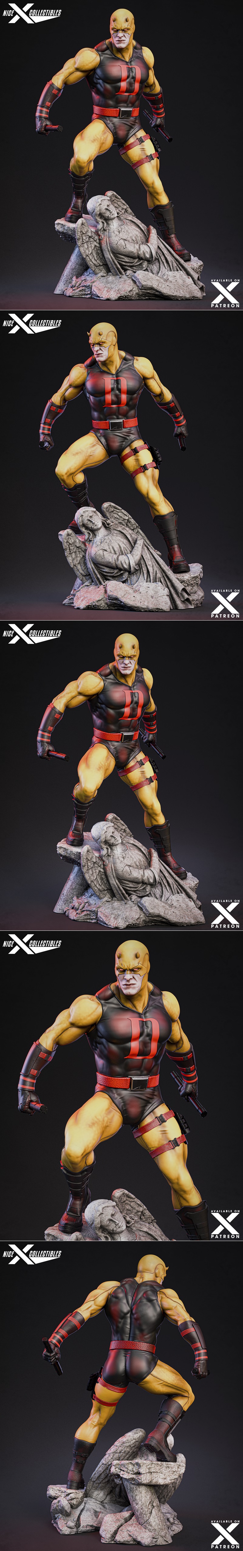 Classic Daredevil 1/6 scale 3D model figure, posed heroically on a stone angel statue, wearing a red and black suit w...