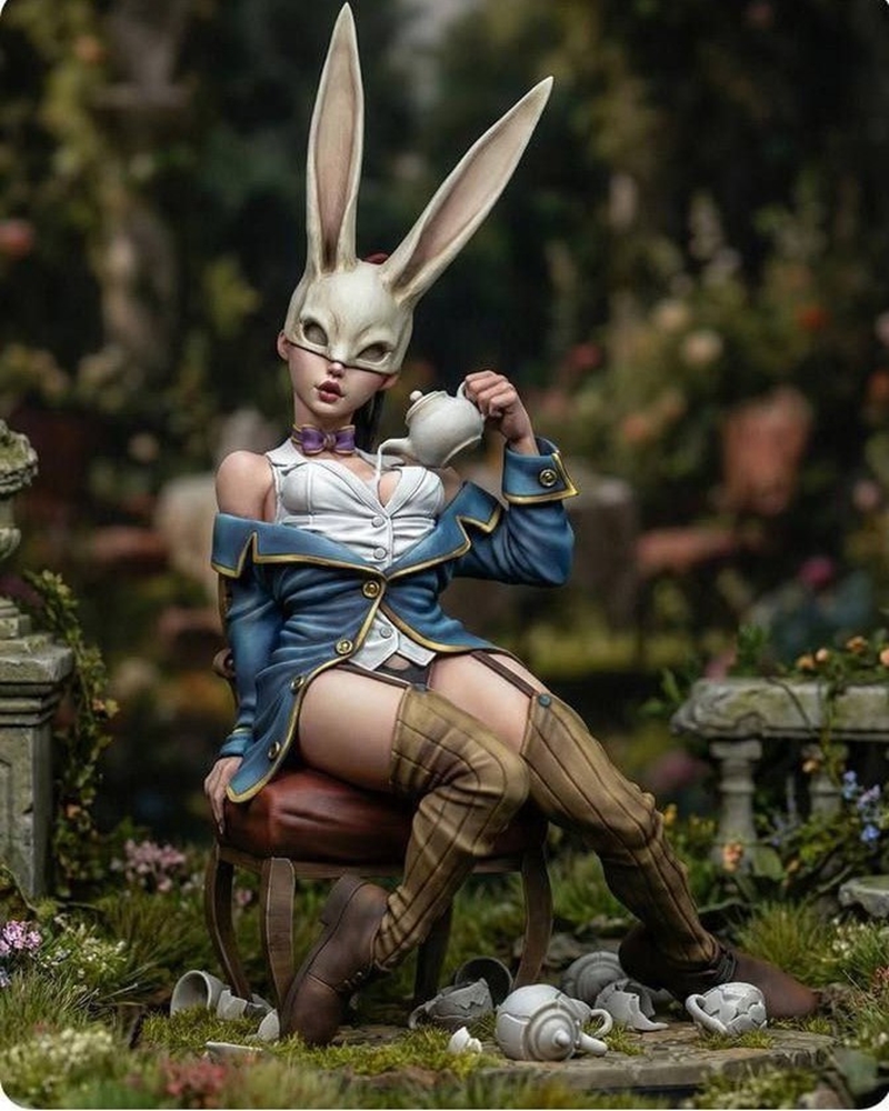 3D model of a Bunny Girl figure wearing a rabbit mask, blue jacket, and thigh-high stockings, holding a teapot.
