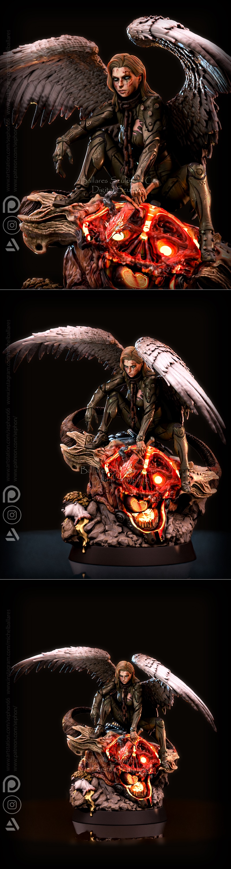 Fallen angel figure with dark wings and intricate armor, posed triumphantly over a fiery demonic skull, holding a glo...