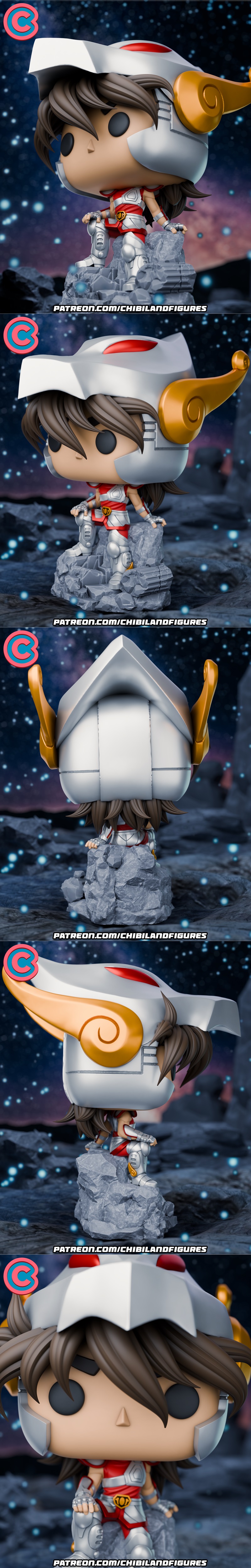 Chibi Seiya figure in Saint Seiya armor, styled like a Funko Pop, seated on a rocky base with a starry background. Mo...