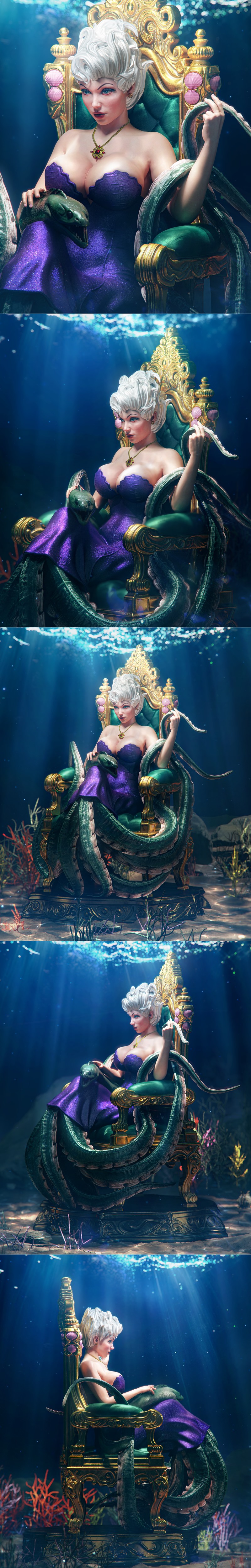 Ursula from The Little Mermaid seated on a golden throne with green cushions, surrounded by her tentacles, in an unde...