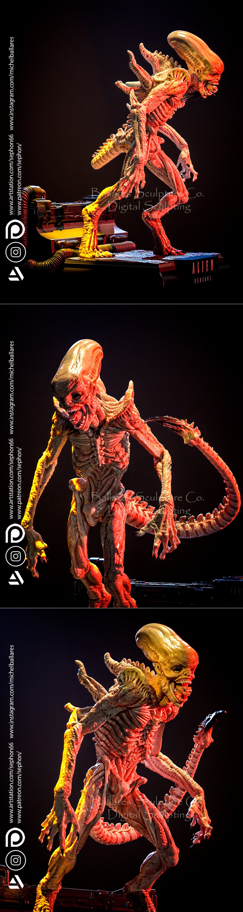 Xenomorph figure from Alien: Romulus, standing on a base with industrial elements. The creature has a biomechanical d...
