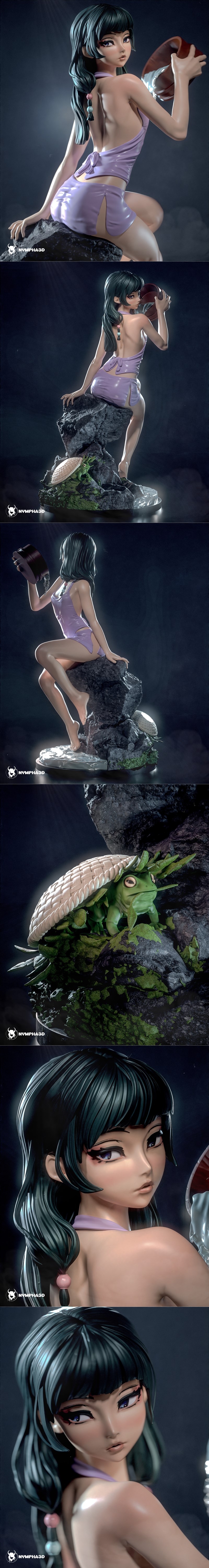 Mao Mao character figure sitting on a rock, pouring water from a jug, with a frog at her feet. Anime style, purple ou...