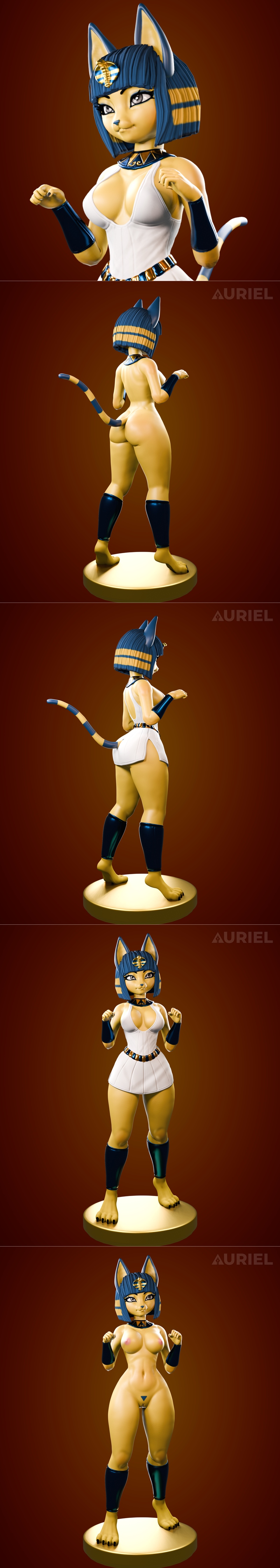 Three views of a 3D printable Ankha figure from Animal Crossing, wearing a white revealing dress with gold trim and d...