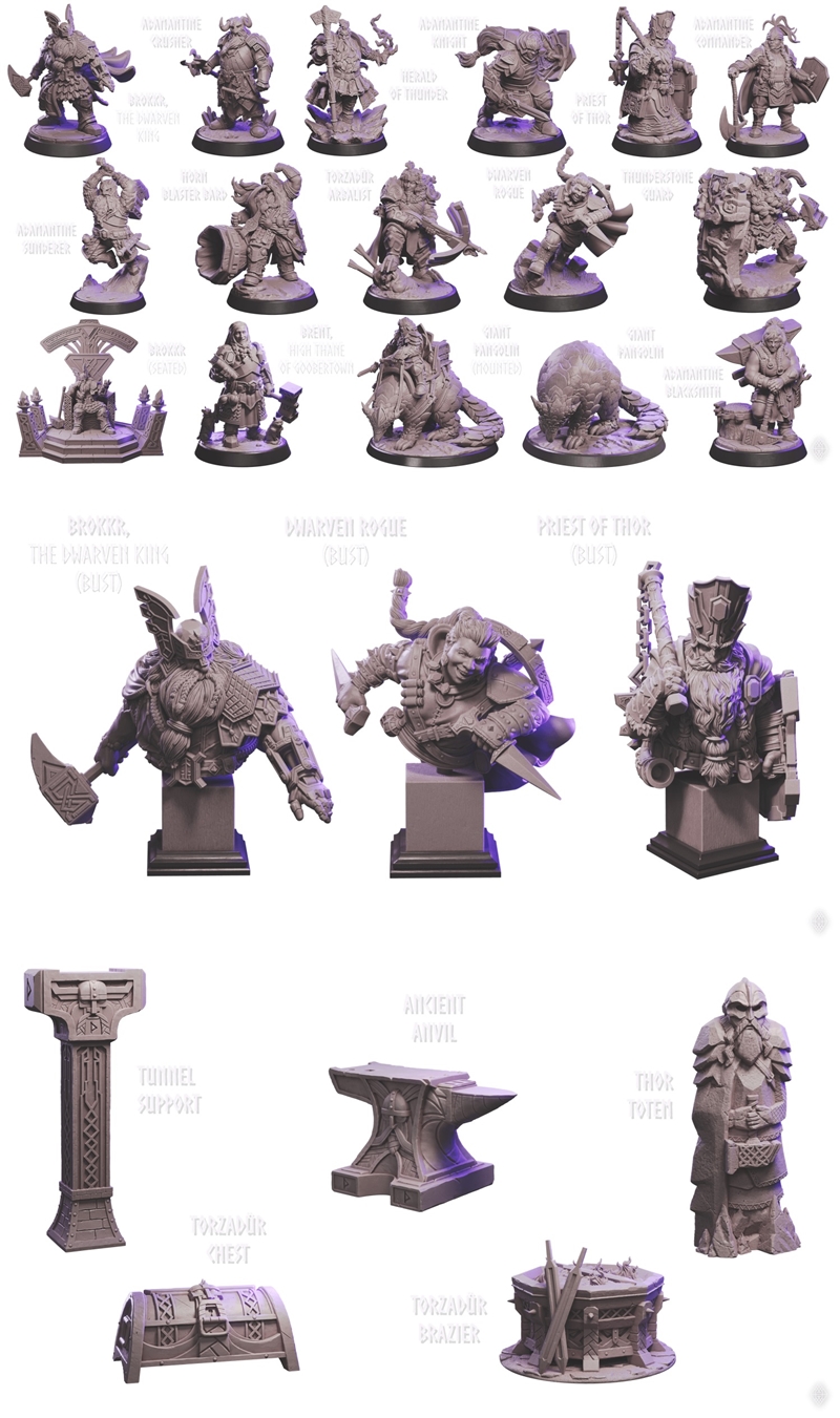 Collection of fantasy dwarf miniatures and terrain pieces from Loot Studios, including a central structure with a wat...