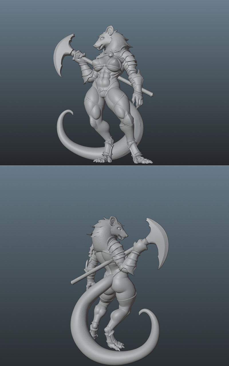 Muscular anthropomorphic rat warrior, Axe Verminess, holding a large axe, wearing bikini armor and metal pauldrons.