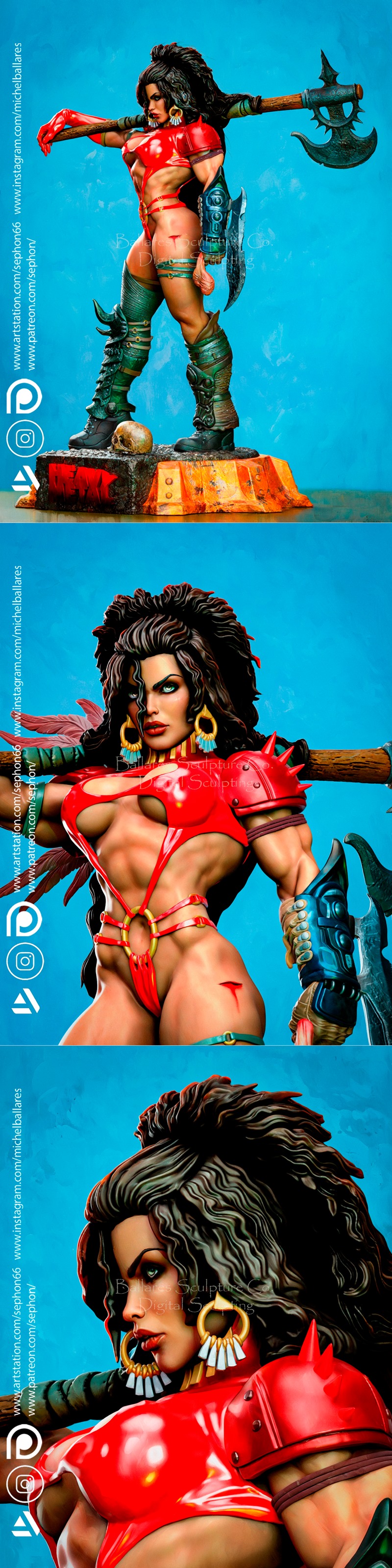 Muscular female warrior Julie Strain in revealing red and green armor, holding an axe and blade, standing on a base w...