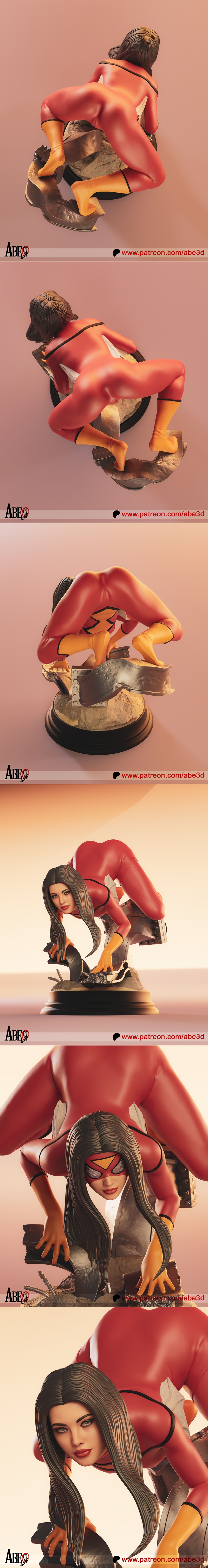 Jessica Drew Spiderwoman 3D model figure in a low crouch, wearing a red suit with yellow gloves and mask, on a detail...