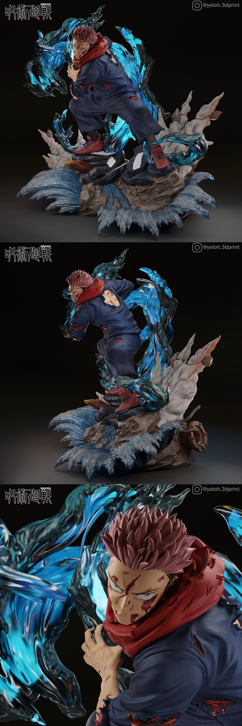 3D model of Itadori Yuji from Jujutsu Kaisen in a dynamic combat pose, surrounded by blue energy effects and rocky te...