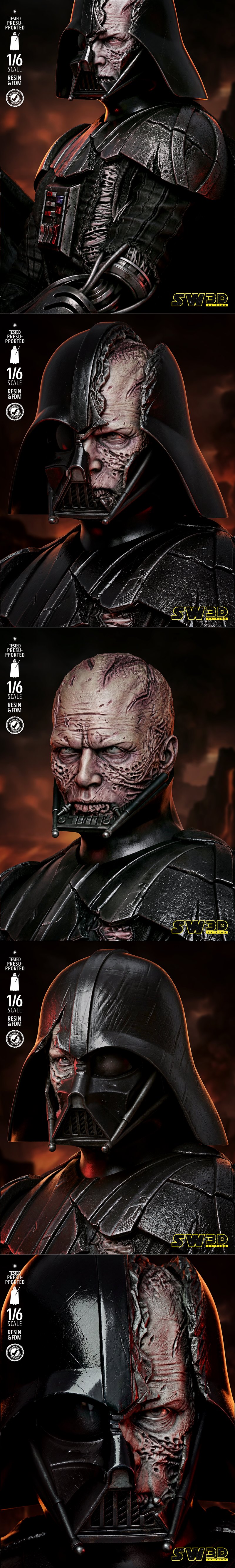 Darth Vader figure with red lightsaber, wearing battle-damaged armor and a flowing cape, standing on a lava-filled ro...