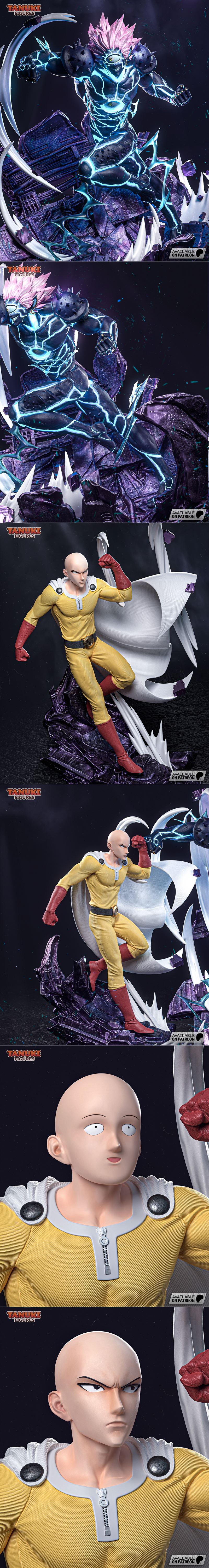 3D print diorama of Saitama in yellow suit facing Boros in glowing blue armor, from One Punch Man anime.