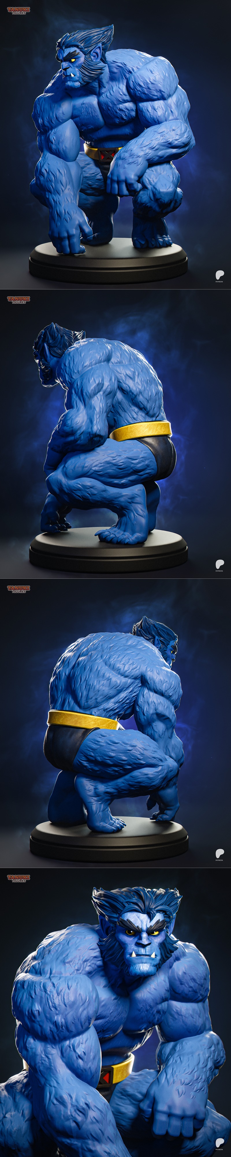 Blue furry Beast from X-Men crouching heroically, detailed musculature and fur texture, yellow belt, on a black base.