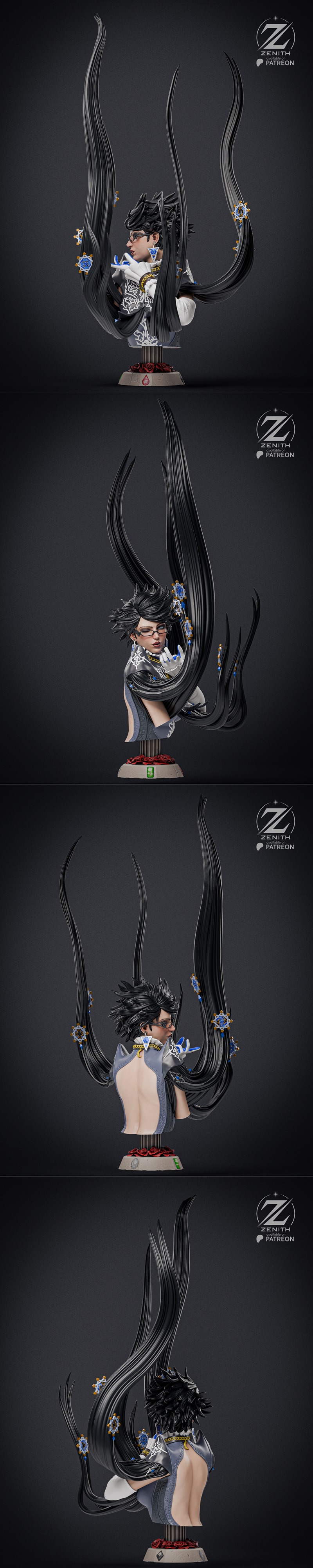 Zenith Studios Bayonetta bust 3D model, featuring the character winking, wearing glasses and gothic attire, with long...