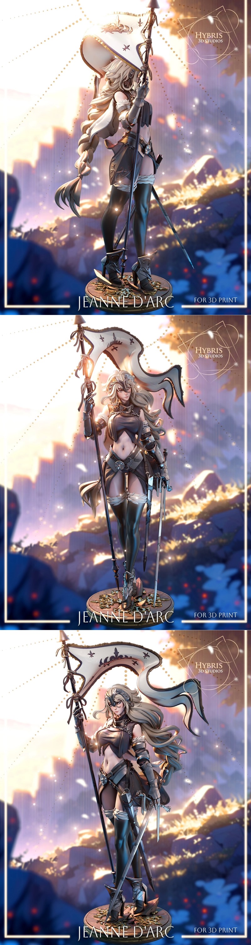 Hybris Studios Jeanne d’Arc 3D model figure, blonde hair, ornate helmet, chainmail armor, holding a sword, dynamic he...