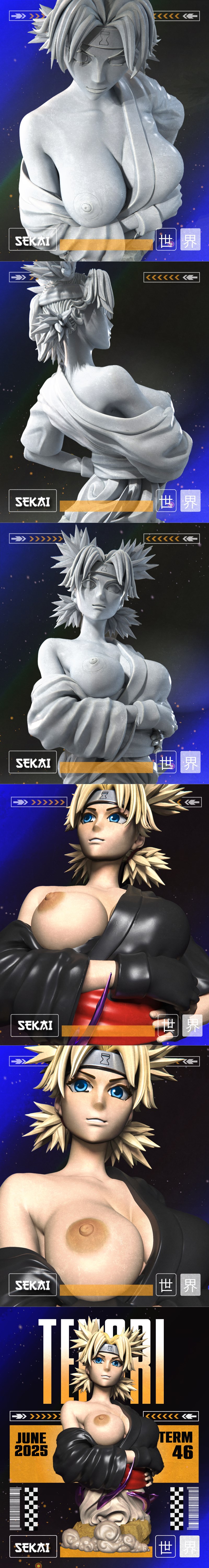 Sekai's Temari bust 3D model, blonde spiky hair, blue eyes, black outfit, red sash, purple wind effects, detailed base.