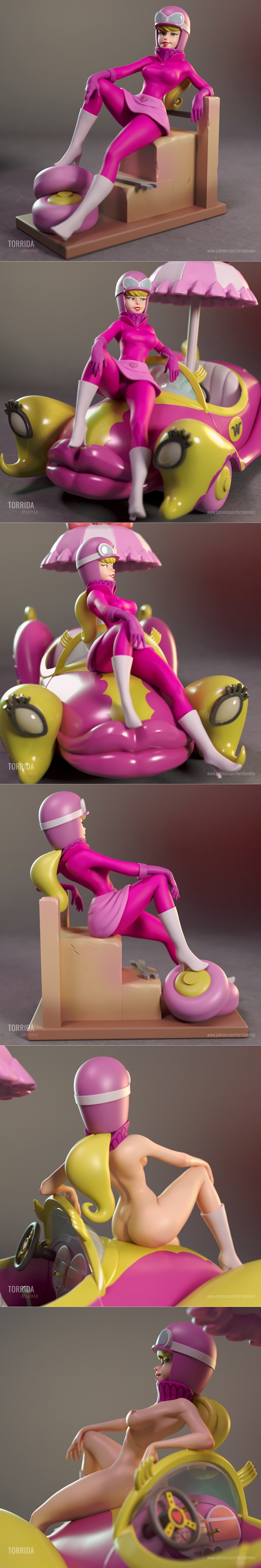Penelope Pitstop in pink racing suit and helmet, sitting on her pink and yellow car from Wacky Races. Torrida Minis 3...