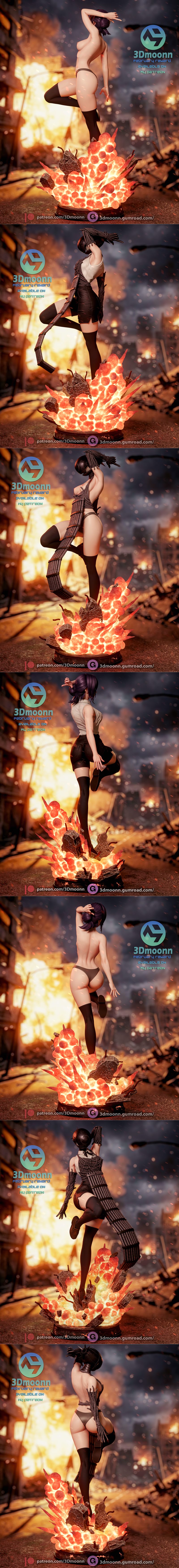 3Dmoonn 3D model of Reze from Chainsaw Man, posed dynamically on a fiery explosion base. She wears a white shirt and...