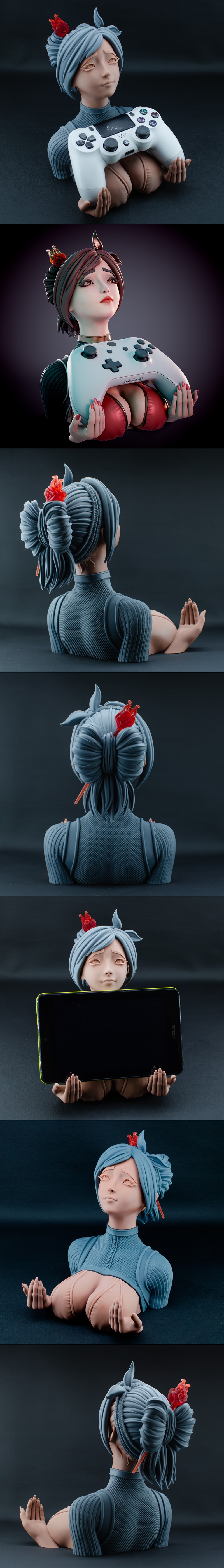 Bust of an anime-style female character with red bikini top and gold choker, holding a white game controller. Chagari...