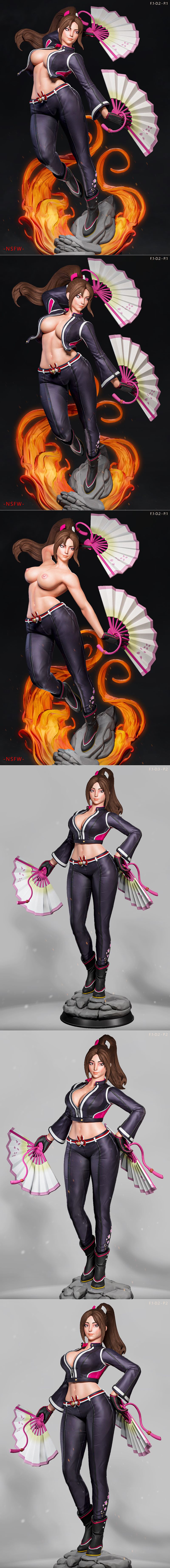 Mai Shiranui 3D model, wearing a dark purple cropped jacket and pants, holding pink and white fans. Luis3DArt studio.