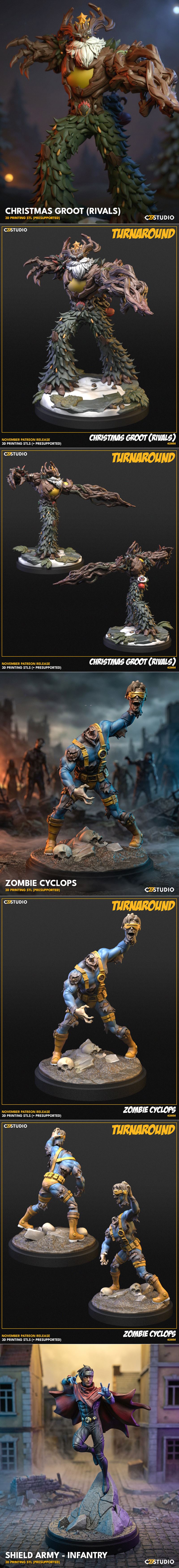 Collage of 3D printable comic book characters including She-Hulk, Iron Man, Groot, Cyclops, and others, with text &qu...