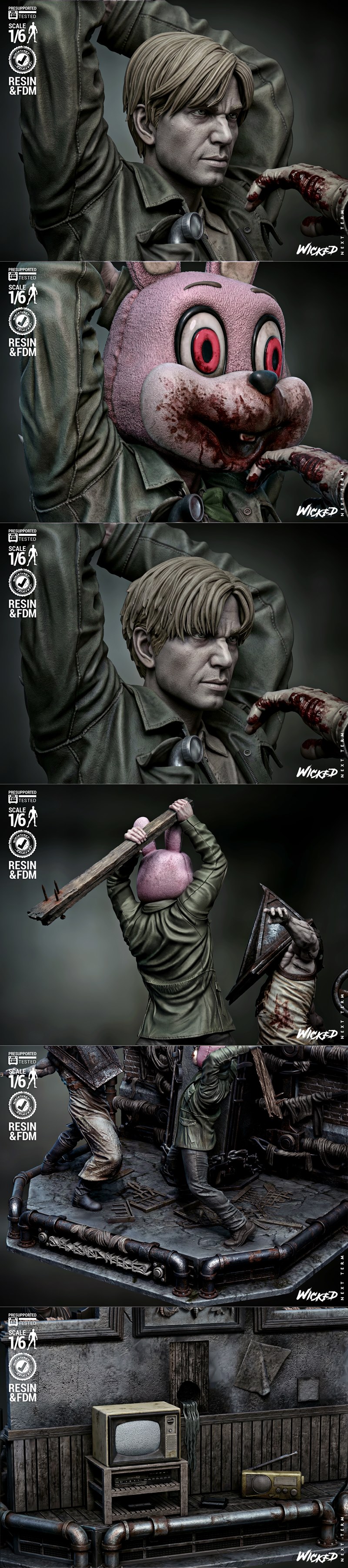 1/6 scale diorama of Pyramid Head fighting James Sunderland from Silent Hill 2, with industrial background. Wicked st...