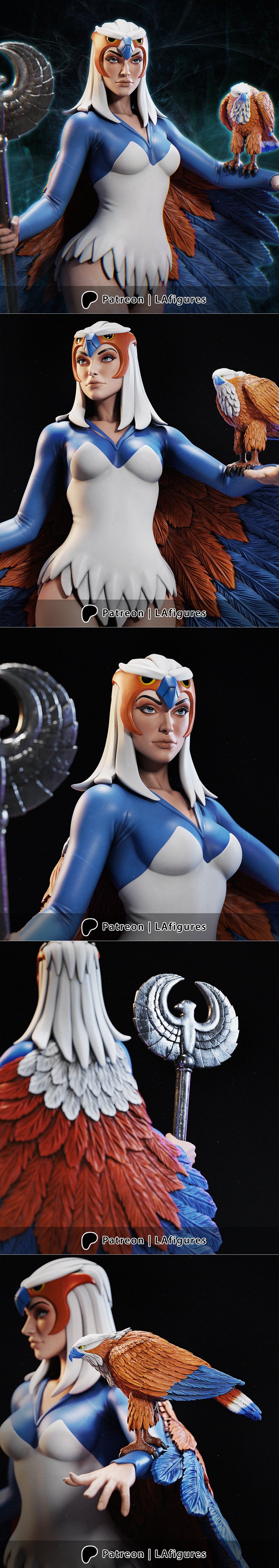 Sorceress figure from Masters of the Universe, holding a staff and with a bird on her arm, wearing a blue and white a...