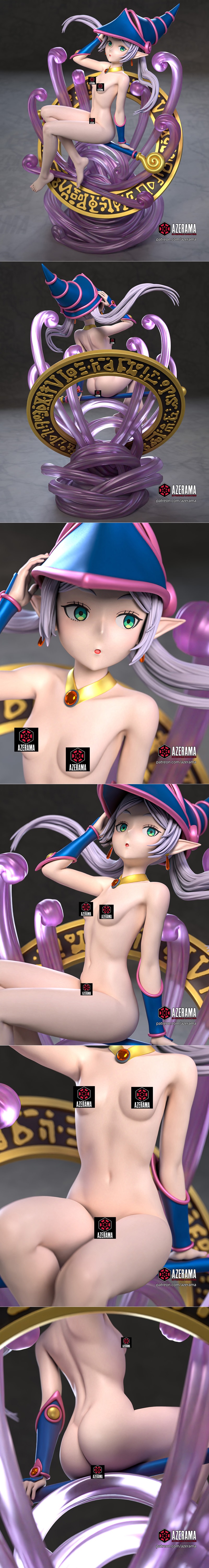 3D model of Dark Magician Girl from Yu-Gi-Oh! seated on a magical platform, wearing blue and pink outfit and pointed...