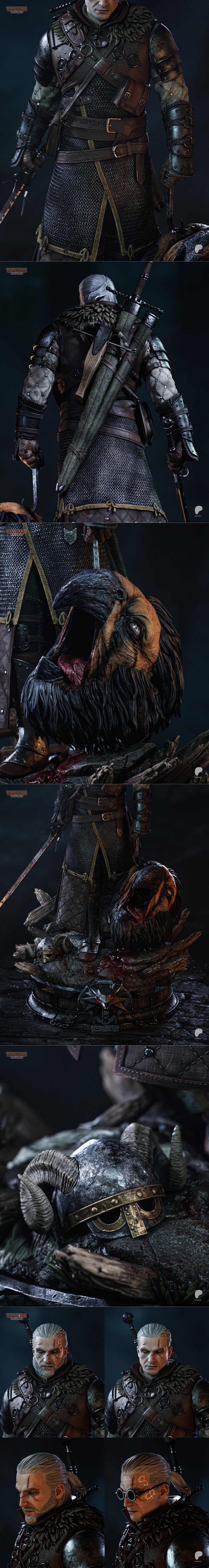 Geralt of Rivia figure from The Witcher, holding a bloody sword and a monster trophy, standing on an ornate base with...