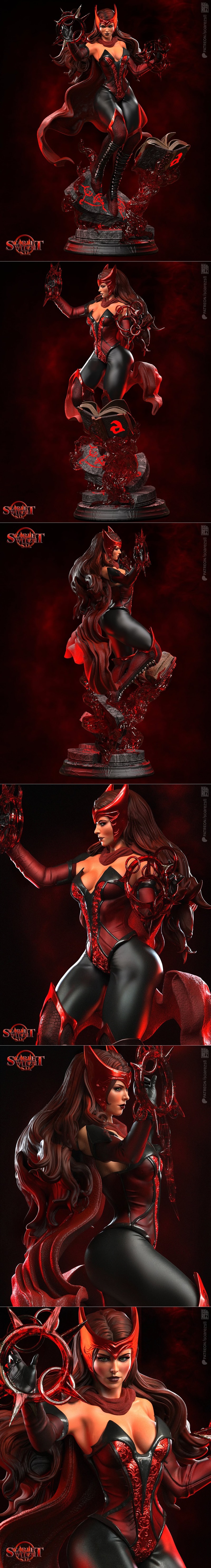 Scarlet Witch 3D model by Soarez 3D, wearing red and black costume with tiara, holding red magic sigils, dark backgro...