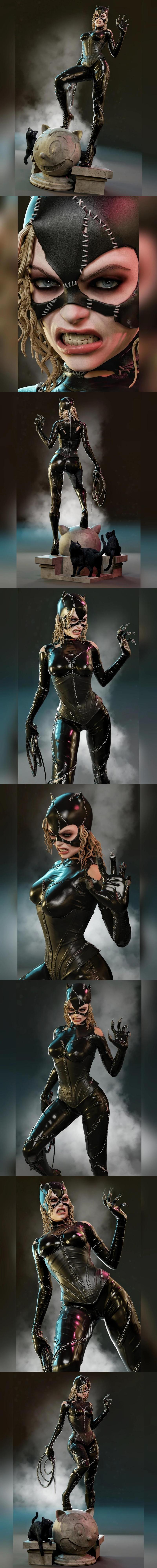 MCM3D Catwoman figure from Batman Returns in a black leather suit, snarling, with claws extended and whip in hand.