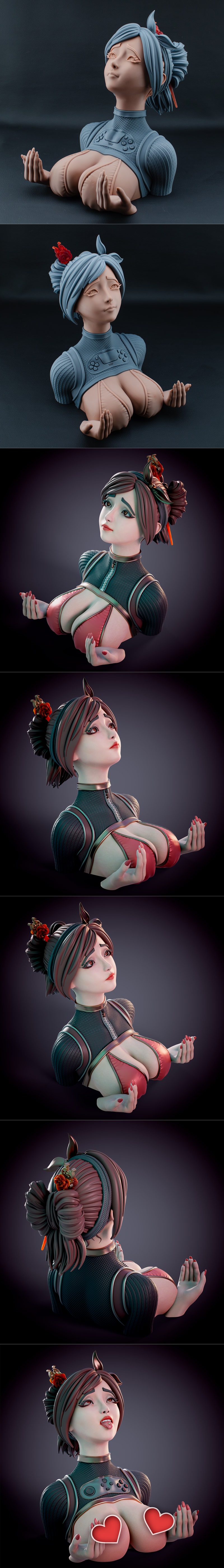 Bust of an anime-style female character with red bikini top and gold choker, holding a white game controller. Chagari...