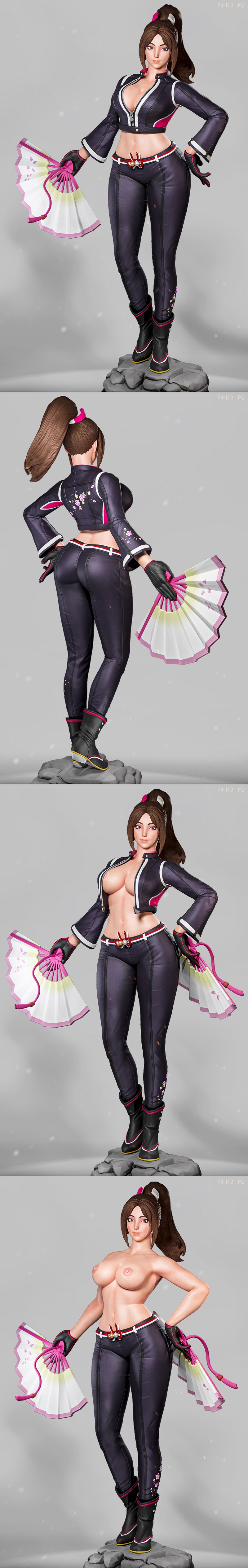 Mai Shiranui 3D model, wearing a dark purple cropped jacket and pants, holding pink and white fans. Luis3DArt studio.