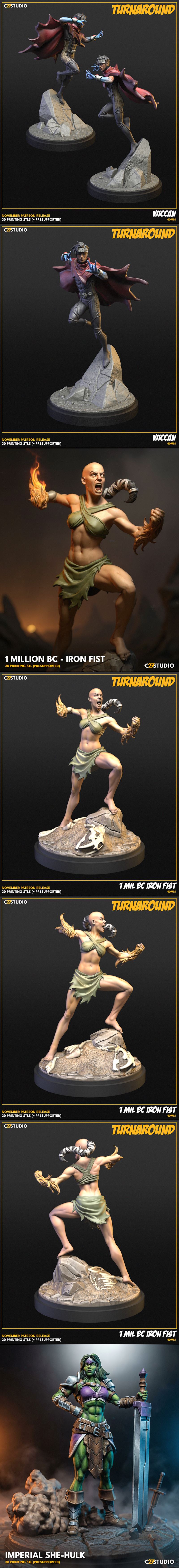 Collage of 3D printable comic book characters including She-Hulk, Iron Man, Groot, Cyclops, and others, with text &qu...