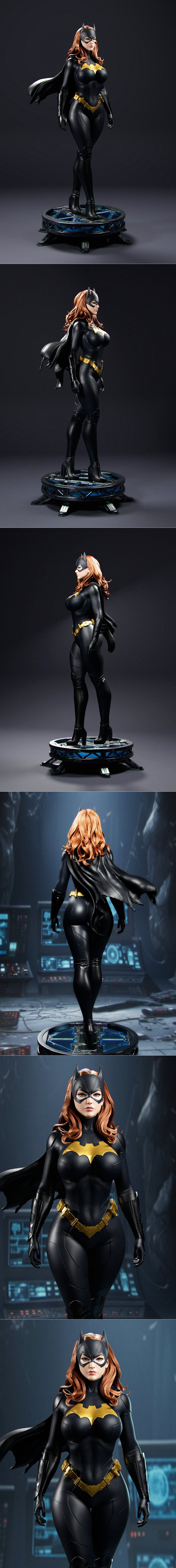 Batgirl in black and gold suit with cowl and cape, standing heroically. Detailed 3D model by Abe3D.