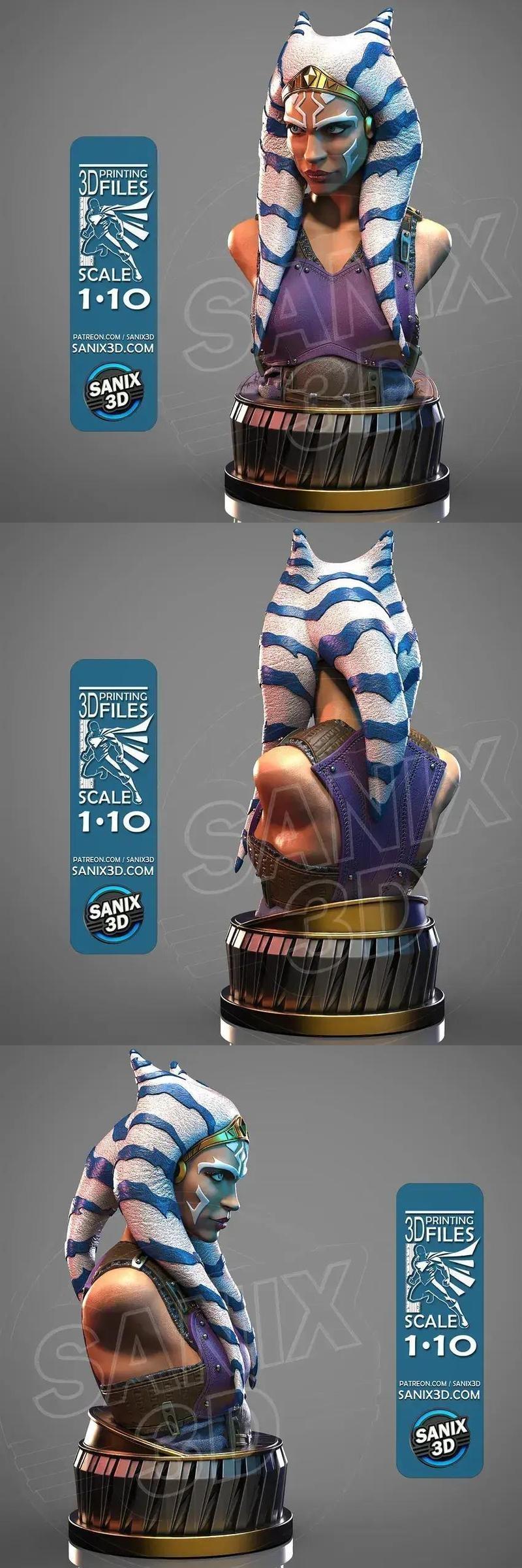 Bust of Ashoka Tano from Star Wars, featuring blue and white striped lekku, facial markings, a golden crown, and purp...